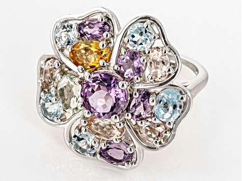 Purple Amethyst With Multi-Gemstone Rhodium Over Sterling Silver Flower Ring 4.89ctw