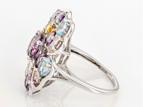 Purple Amethyst With Multi-Gemstone Rhodium Over Sterling Silver Flower Ring 4.89ctw
