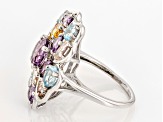 Purple Amethyst With Multi-Gemstone Rhodium Over Sterling Silver Flower Ring 4.89ctw
