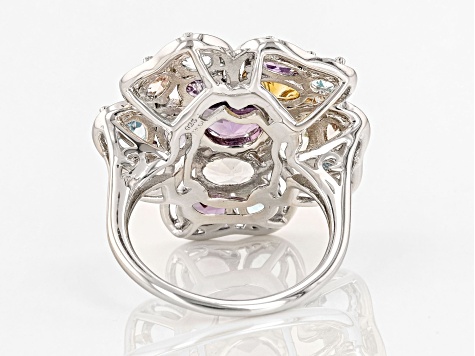 Purple Amethyst With Multi-Gemstone Rhodium Over Sterling Silver Flower Ring 4.89ctw
