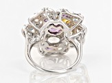 Purple Amethyst With Multi-Gemstone Rhodium Over Sterling Silver Flower Ring 4.89ctw