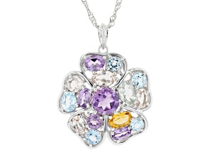 Purple Amethyst With Multi-Gemstone Rhodium Over Sterling Silver Flower Pendant With Chain 4.89ctw