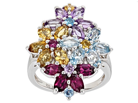 Multi-Gemstone Rhodium Over Sterling Silver Flower Ring 4.79ctw