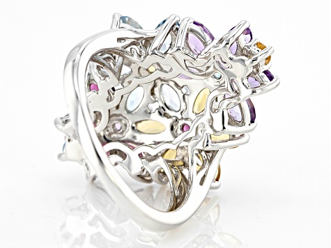 Multi-Gemstone Rhodium Over Sterling Silver Flower Ring 4.79ctw