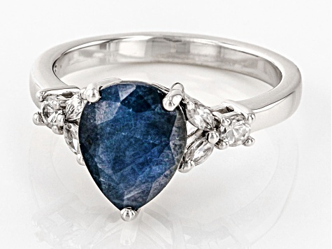 Blue Sapphire with White Zircon Rhodium Over Sterling Silver Ring 3.43ctw