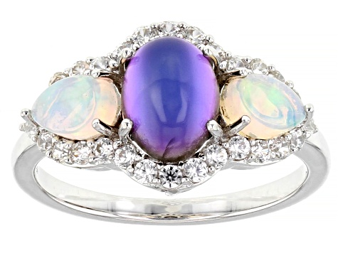 Violet Aurora Moonstone Rhodium Over Sterling Silver Ring 0.77ctw