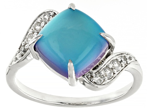 Blue Aurora Moonstone with White Zircon Rhodium Over Sterling Silver Ring 0.24ctw