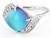 Blue Aurora Moonstone with White Zircon Rhodium Over Sterling Silver Ring 0.24ctw