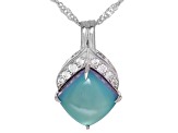 Blue Aurora Moonstone with White Zircon Rhodium Over Sterling Silver Pendant with Chain 0.24ctw