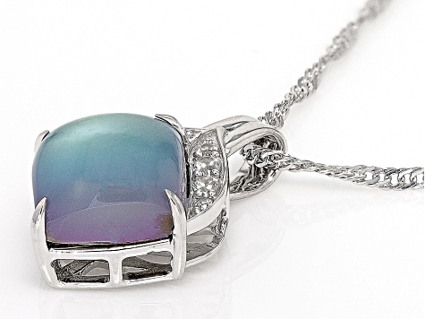 Blue Aurora Moonstone with White Zircon Rhodium Over Sterling Silver Pendant with Chain 0.24ctw