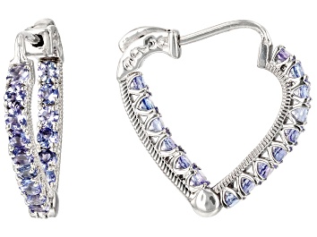 Picture of Tanzanite Rhodium Over Sterling Silver Heart Hoop Earrings 1.89ctw