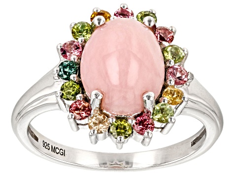 Pink Opal Rhodium Over Sterling Silver Halo Ring 0.48ctw