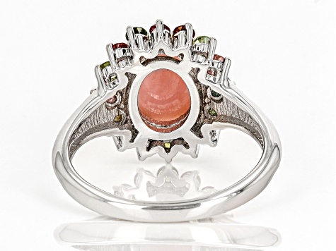 Pink Opal Rhodium Over Sterling Silver Halo Ring 0.48ctw