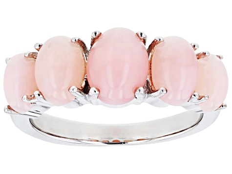 Oval Pink Opal Rhodium Over Sterling Silver 5-Stone Ring