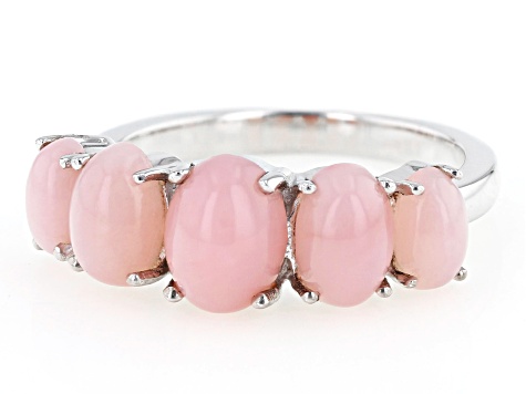 Oval Pink Opal Rhodium Over Sterling Silver 5-Stone Ring