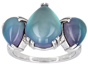 Blue Aurora Moonstone Rhodium Over Sterling Silver 3-Stone Ring