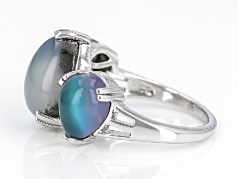 Blue Aurora Moonstone Rhodium Over Sterling Silver 3-Stone Ring