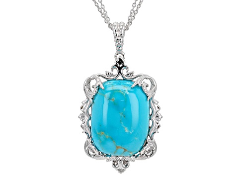 Blue Kingman Turquoise Rhodium Over Sterling Silver Pendant with Chain