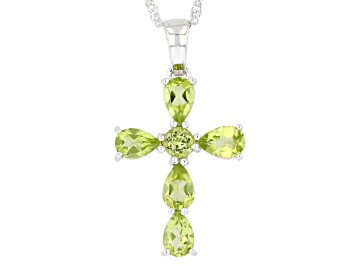 Picture of Green Peridot Rhodium Over Sterling Silver Cross Pendant With Chain 2.25ctw