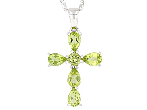 Green Peridot Rhodium Over Sterling Silver Cross Pendant With Chain 2.25ctw