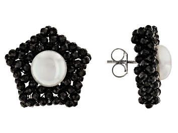Picture of Black Spinel With Cultured Freshwater Pearl Rhodium Over Sterling Silver Star Earrings