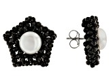 Black Spinel With Cultured Freshwater Pearl Rhodium Over Sterling Silver Star Earrings