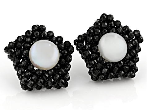 Black Spinel With Cultured Freshwater Pearl Rhodium Over Sterling Silver Star Earrings
