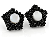 Black Spinel With Cultured Freshwater Pearl Rhodium Over Sterling Silver Star Earrings