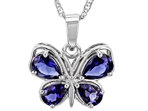 Blue Iolite Rhodium Over Sterling Silver Butterfly Pendant with Chain 1.62ctw