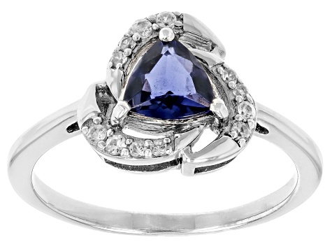 Blue Iolite with White Zircon Rhodium Over Sterling Silver Ring 0.69ctw