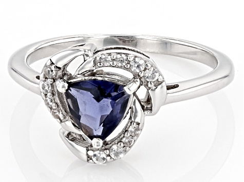 Blue Iolite with White Zircon Rhodium Over Sterling Silver Ring 0.69ctw