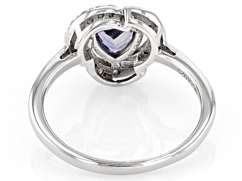 Blue Iolite with White Zircon Rhodium Over Sterling Silver Ring 0.69ctw