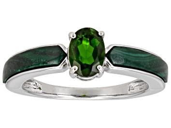 Picture of Green Chrome Diopside with Malachite Inlay Rhodium Over Sterling Silver Ring 0.80ct