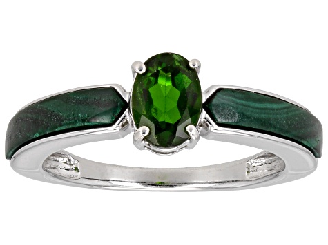 Green Chrome Diopside with Malachite Inlay Rhodium Over Sterling Silver Ring 0.80ct