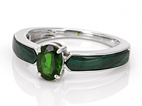 Green Chrome Diopside with Malachite Inlay Rhodium Over Sterling Silver Ring 0.80ct