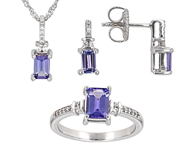 Blue Tanzanite Platinum Over Silver Ring, Earrings, And