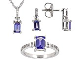 Blue Tanzanite Platinum Over Silver Ring, Earrings, And Pendant With Chain Set 1.71ctw
