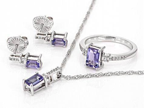 Blue Tanzanite Platinum Over Silver Ring, Earrings, And Pendant With Chain Set 1.71ctw