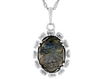 Picture of Gray Labradorite Rhodium Over Sterling Silver Solitaire Pendant With Chain