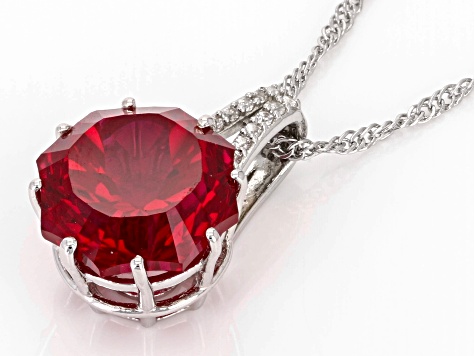 Red Lab Created Ruby Rhodium Over Sterling Silver Ferris Wheel Cut Pendant with Chain 8.58ctw