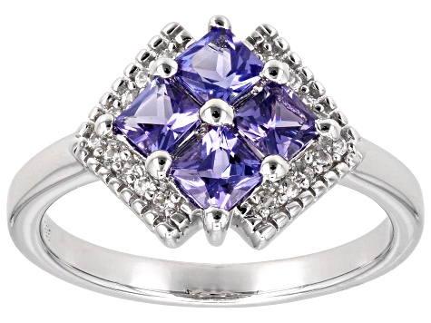 Blue Tanzanite With White Zircon Rhodium Over Sterling Silver Ring 0.64ctw