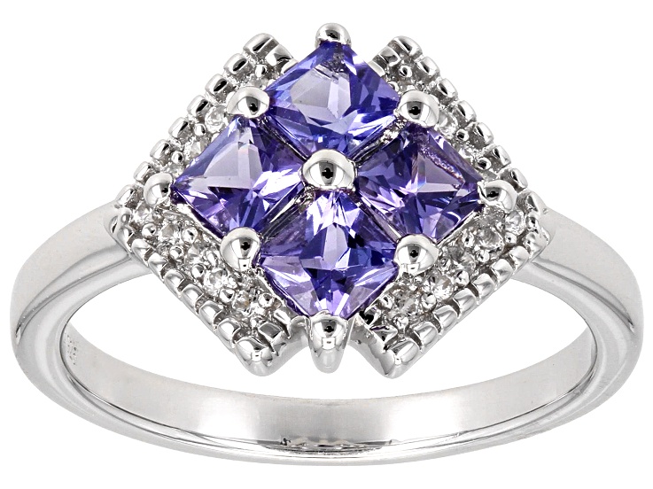 Blue Tanzanite With White Zircon Rhodium Over Sterling Silver Ring 0.64ctw