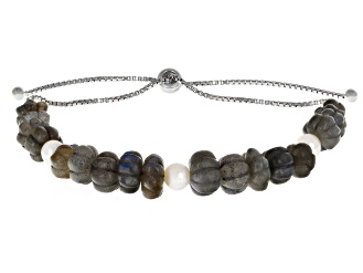 Gray Labradorite Rhodium Over Sterling Silver Bolo Bracelet