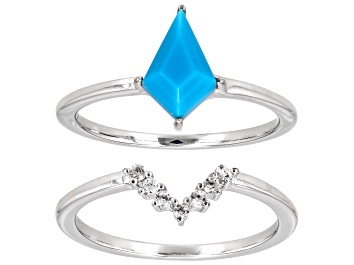Picture of Blue Sleeping Beauty Turquoise Rhodium Over Sterling Silver Set of 2 Rings 0.10ctw