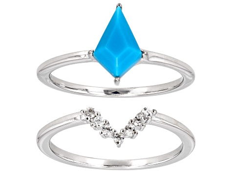 Blue Sleeping Beauty Turquoise Rhodium Over Sterling Silver Set of 2 Rings 0.10ctw