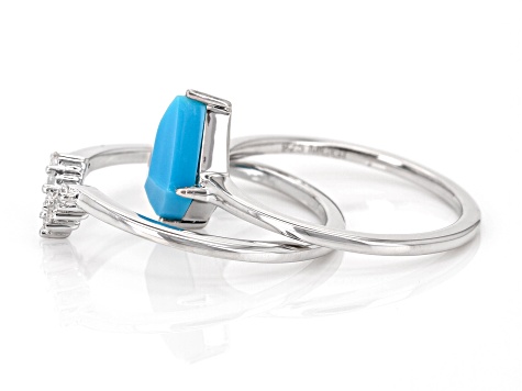 Blue Sleeping Beauty Turquoise Rhodium Over Sterling Silver Set of 2 Rings 0.10ctw