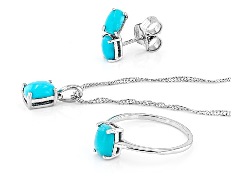 Blue Sleeping Beauty Turquoise Platinum Over Sterling Silver Earrings, Ring, and Pendant with Chain