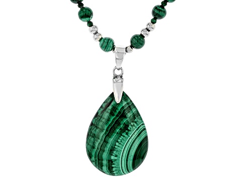 Green Malachite Rhodium Over Sterling Silver Drop Necklace