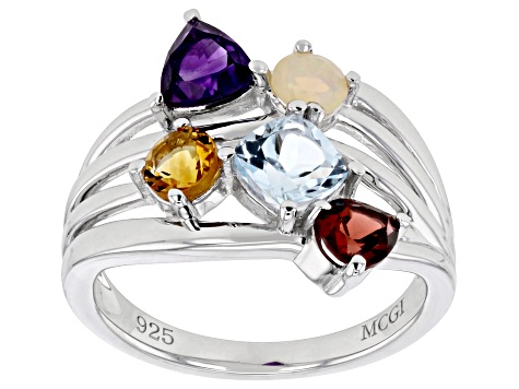 Multi-Color Multi-Gemstone Rhodium Over Sterling Silver Ring