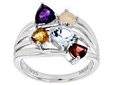 Multi-Color Multi-Gemstone Rhodium Over Sterling Silver Ring